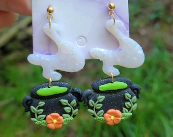 Cauldron Floral Halloween Clay Earrings