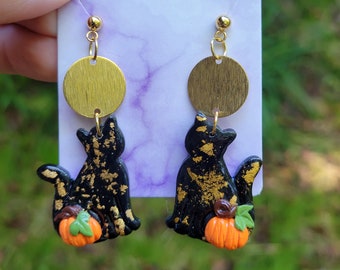 Black Cat Pumpkin Halloween Clay Earrings