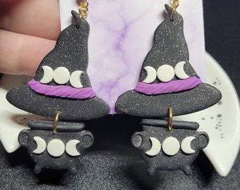 Triple Moon Witch Hat & Cauldron Earrings