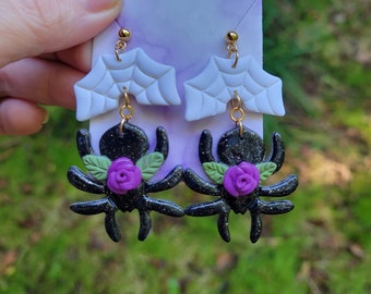 Spider Web Floral Rose Halloween Clay Earrings