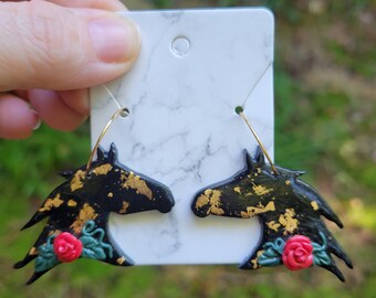 Horse Equine Black Gold and Rose Clay Earrings