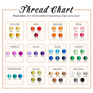 May include: A thread chart with color swatches in yellow, red, orange, pink, purple, lilac, blue, green, turquoise, olive, brown, and neutral tones. Each color has a corresponding code. The text "Thread Chart" is at the top.