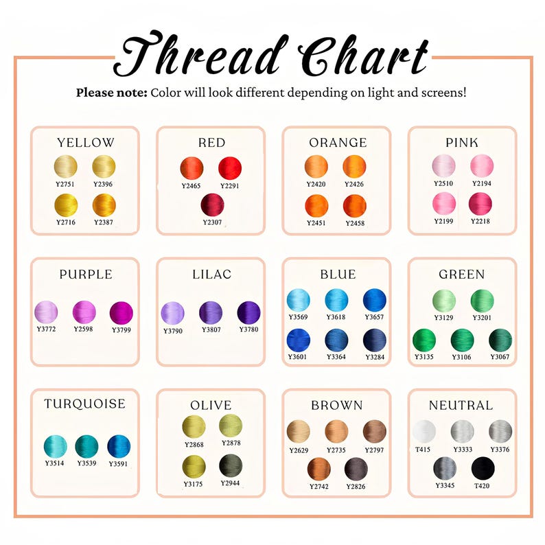 May include: A thread chart with color swatches in yellow, red, orange, pink, purple, lilac, blue, green, turquoise, olive, brown, and neutral tones. Each color has a corresponding code. The text "Thread Chart" is at the top.