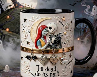 Personalized Gothic Jack and Sally Mug, Spooky Couple Gift 3D Embossed Mug