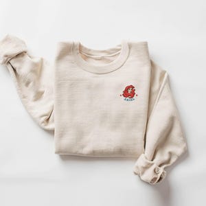 May include: A cream-colored sweatshirt with a crew neck and long sleeves. The sweatshirt features an embroidered image of Ariel from The Little Mermaid, with the name "ARIEL" below the image in blue text.