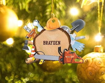Personalized Construction Ornament: Acrylic Woodworker Gift, Chainsaw, Builder Tools