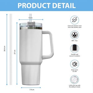 May include: White insulated tumbler with a handle, straw, and lid. The tumbler is 27 cm tall and 7.4 cm wide, with a 10 cm lid. The straw is 30.4 cm long. Features include double-wall vacuum insulation and BPA-free materials. The text "PRODUCT DETAIL" is at the top.
