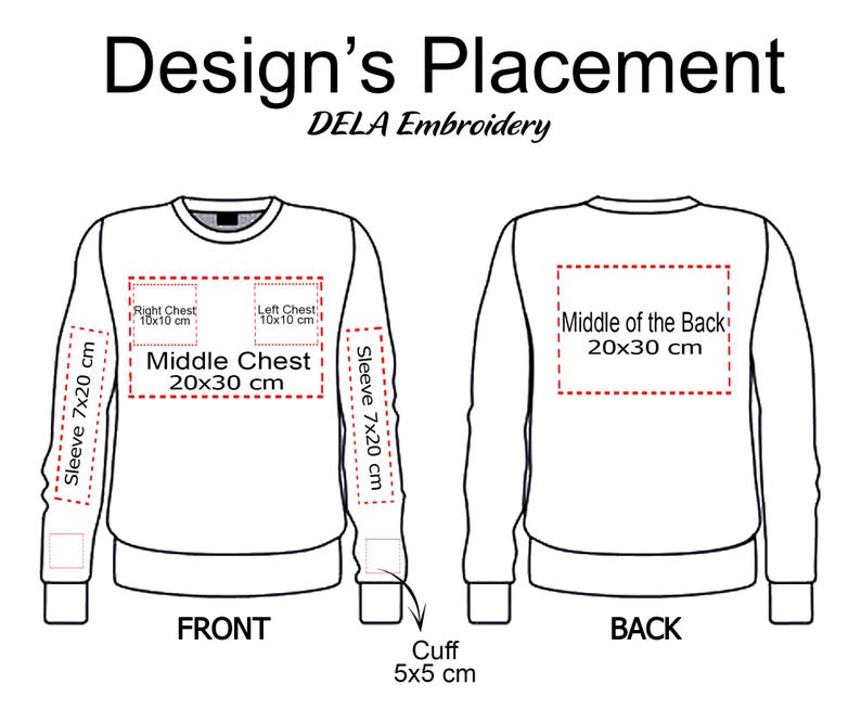 May include: Diagram illustrating design placement on a sweatshirt. The front view shows placement areas for the right chest (3.9x3.9 inches), left chest (3.9x3.9 inches), middle chest (7.9x11.8 inches), sleeves (2.8x7.9 inches), and cuffs (2x2 inches). The back view shows the middle back area (7.9x11.8 inches).