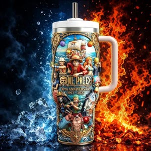 May include: A stainless steel tumbler with a white handle and lid, featuring a colorful illustration of One Piece characters and a ship on the ocean. The text "ONE PIECE 30TH ANNIVERSARY 1997-2027" is displayed on the tumbler.