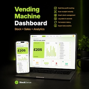 Könnte beinhalten: Ein Laptop und ein Smartphone zeigen ein Dashboard für einen Verkaufsautomaten mit dem Text "Vending Machine Dashboard". Die Bildschirme zeigen Verkaufsdaten, einschließlich Gewinn und Transaktionszahlen. Das Dashboard bietet Echtzeit-Gewinnverfolgung.