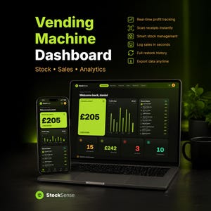 Könnte beinhalten: Ein Laptop und ein Smartphone zeigen eine Dashboard-Oberfläche für einen Verkaufsautomaten an. Der Bildschirm zeigt Verkaufsdaten mit dem Text "Vending Machine Dashboard" oben. Die Oberfläche umfasst Echtzeit-Gewinnverfolgung und Bestandsmanagement-Funktionen. Der Gesamtgewinn beträgt £205.