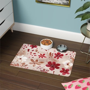 Floral Pet Food Mat - Stylish Dog Dish Mat, Non-Slip Puppy Feeding Mat, Cat Food Tray, Pet Decor, Floral Design