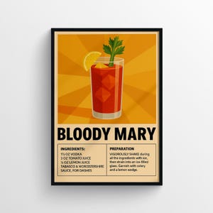 Póster de cóctel Bloody Mary, receta de bebida imprimible digital, arte de pared, decoración de bar, impresión de cocina, brunch, alcohol, arte estético, estilo plano PNG