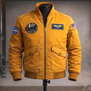 Puede incluir: Chaqueta bomber de color amarillo mostaza con múltiples parches, incluido un logotipo de la NASA y una bandera estadounidense. La chaqueta tiene una cremallera frontal, dos bolsillos delanteros y puños y dobladillo acanalados. La chaqueta se exhibe en un maniquí negro.