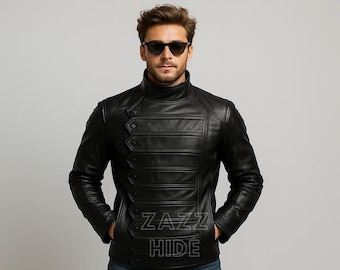 Bucky Barnes Inspired Leather Jacket & Vest | Captain Winter Soldier Cosplay Costume for Men | Detachable Sleeves Black Leather Jacket