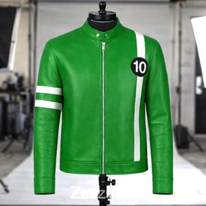 May include: A vibrant green leather jacket with a white stripe down the side and two white stripes on the left sleeve. Features a black circle with the number 10. The jacket is displayed on a mannequin.
