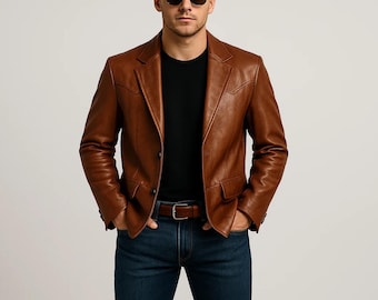 Mens Western Cowboy Leather Blazer, Genuine Brown Cowhide Jacket, Classic Ranch Wear Coat for Men