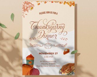 Rustic Thanksgiving Invitation Template, Editable Fall Dinner Invite, Traditional Turkey & Pie, Printable Instant Download TG002