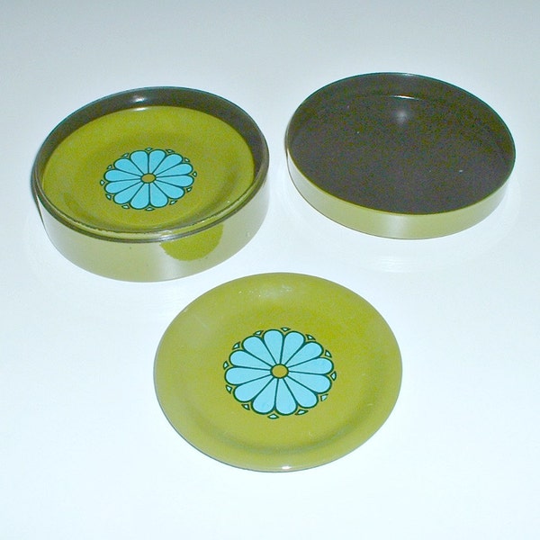 Vintage Coasters Flower Power Set of 6 Takahashi Japanese In Container  Green Blue