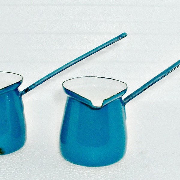 Vintage Enamel Blue Turkish Coffee Pot Pourers Dippers Enamelware Yugoslavia Lot of 2 Ladles