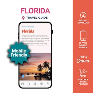 Guida turistica della Florida / Guida turistica per dispositivi mobili / Guida della città / Pianificatore di viaggio in Florida / Vacanze negli Stati Uniti / Download digitale / Modello Canva