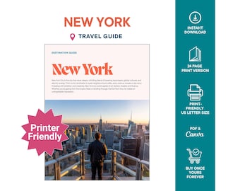 May include: A travel guide titled "New York" with a photo of the city skyline. The guide includes the text "Instant Download," "24 Page Print Version," and "Print-Friendly US Letter Size." A pink starburst graphic reads "Printer Friendly."