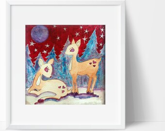 Deer Wall Art Print | Deer Winter Snow Stary Night | Doe Print | Wall Art Print | "Under A Purple Moon" Watercolor Illustration Print Art