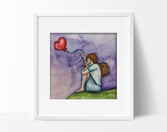 Holding Onto You -- Art Print Heart Balloon Girl Sad Heartboken Sympathy Wall Art Size 5x7 or 8.5x11