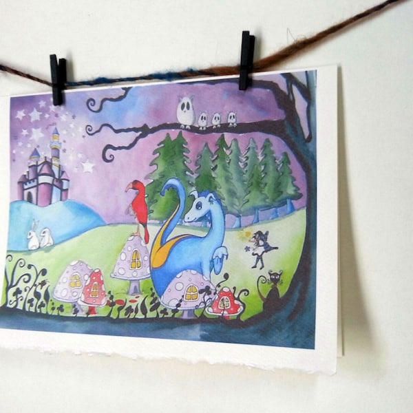 Dragon Fairytale Magical Night Wall Art Card Print "Magic By Moonlight" -- Notecards w/Envelopes Stationary