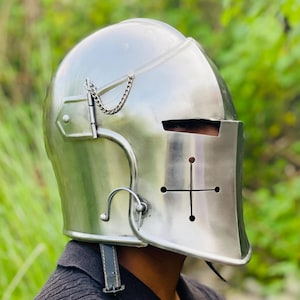 Barbutahelm ~ Middeleeuws ridderharnas 18 g zacht staal ~ Cosplay halloweenkostuum ~ krijgershelm met vizier