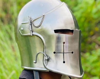 Casco Barbuta ~ Armadura de caballero medieval de acero dulce de 18 g ~ Disfraz de Halloween ~ Casco de guerrero con visera