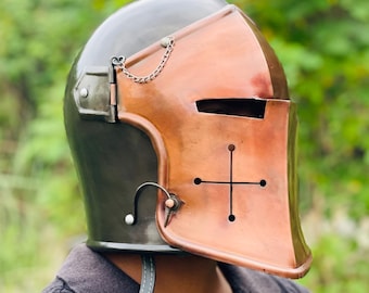 Barbutahelm koper antiek ~ Barbutehelm met frontplaat ~ Battle-Ready ridderpantser voor SCA, LARP