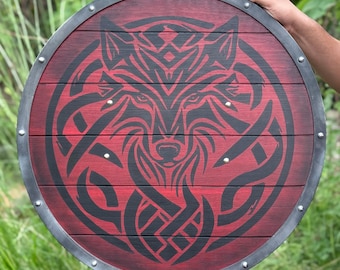 Red Fenrir Wolf Viking Shield: Battleworn Norse Decor, Cosplay Prop