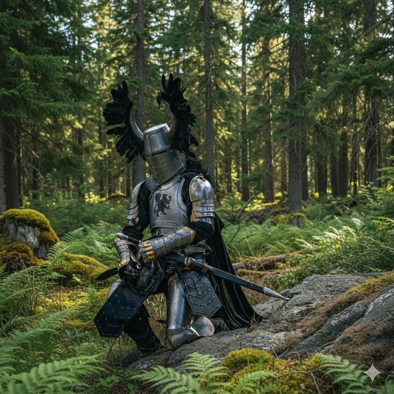 May include: A knight in full silver armor kneels in a forest setting. The helmet features black feathered wings. The armor includes a breastplate with a heraldic emblem, gauntlets, and leg protection. A black cape and two swords complete the medieval ensemble.