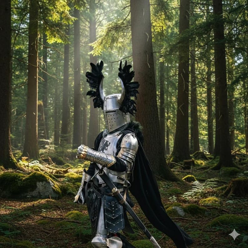 May include: A knight in full armor stands in a forest. The silver armor includes a helmet with a visor, shoulder guards, and chest plate. Black feathers adorn the helmet. A black cape flows behind the knight, and a sword is at their side.