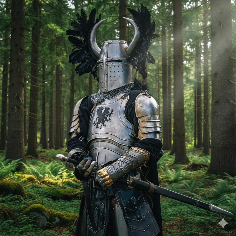 May include: A knight in full armor stands in a forest, holding a sword. The silver armor includes a helmet with horns and black feathers. A coat of arms is visible on the chest. The background is a lush green forest with sunlight filtering through the trees.