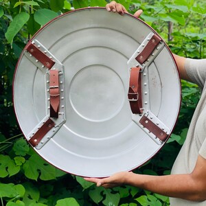 May include: A circular shield in silver with a red rim. It features brown leather straps and metal brackets on the reverse. The shield is held up against a backdrop of green foliage.