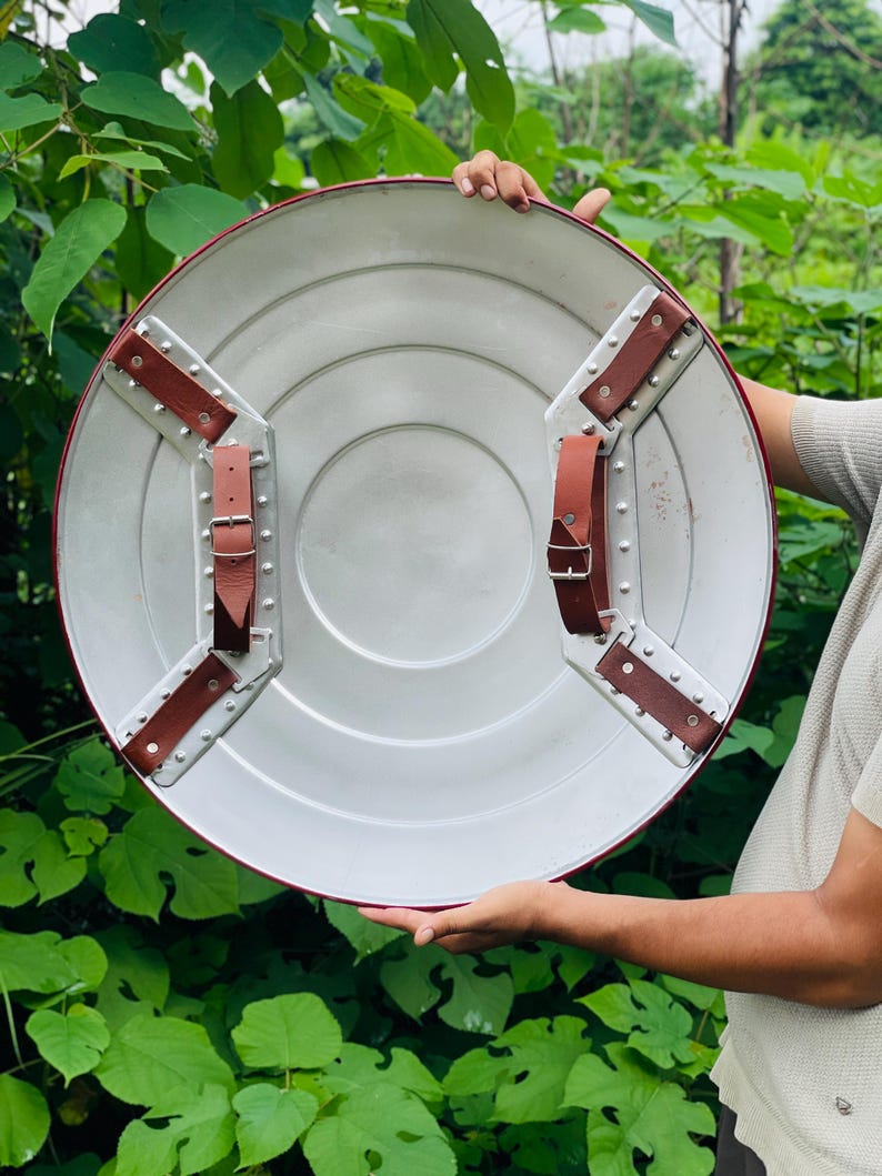 May include: A circular shield in silver with a red rim. It features brown leather straps and metal brackets on the reverse. The shield is held up against a backdrop of green foliage.