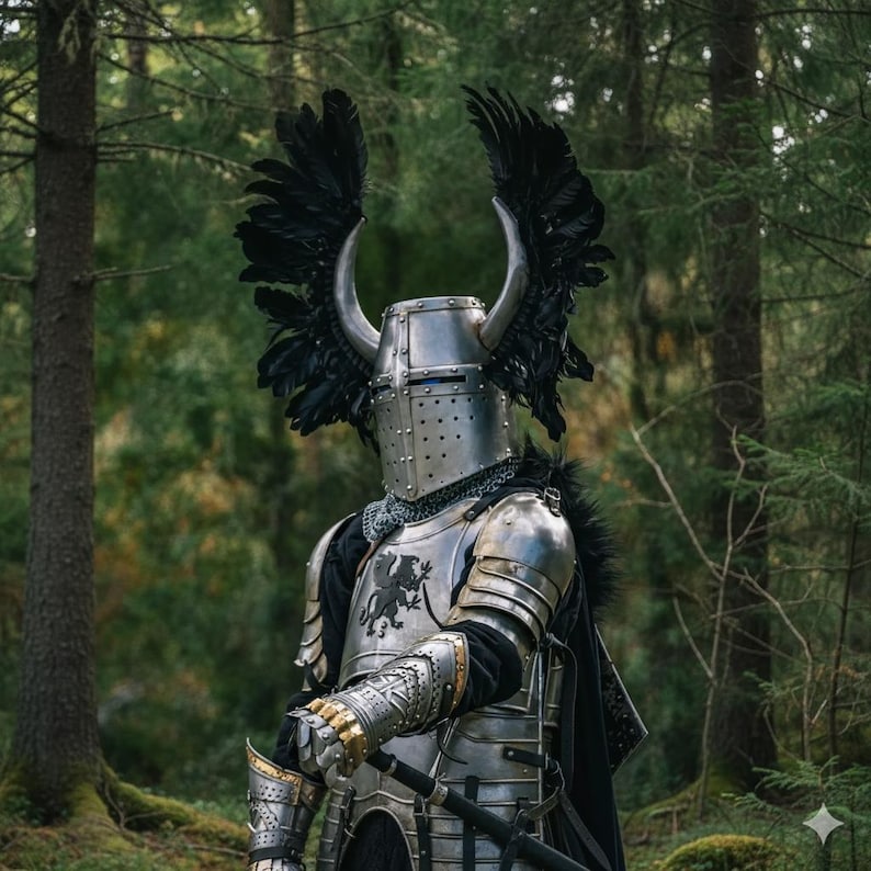 May include: A full suit of medieval armor, including a helmet with horns and black feather accents. The silver-colored armor features intricate detailing and a black cape. The background is a lush green forest.
