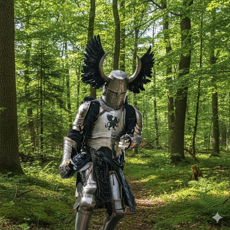 May include: A full suit of medieval armor, including a helmet with black feathered wings, stands in a lush green forest. The armor is silver with a black and silver design on the chest. The background is a blur of green trees.