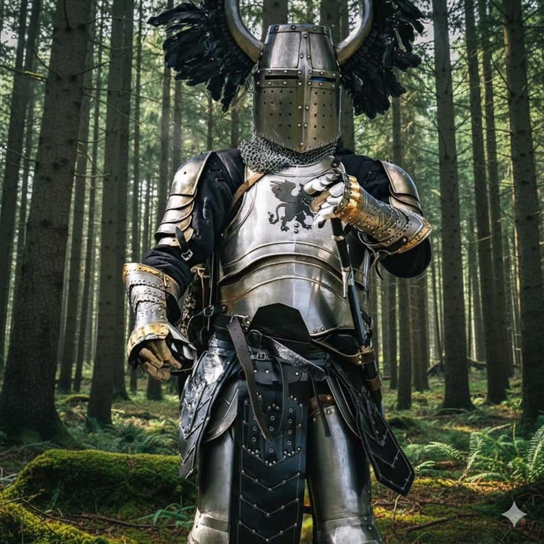 May include: A full suit of medieval armor, including a helmet with decorative wings, chest plate, and leg protection. The armor is silver with gold accents and a black emblem. The background is a forest with tall trees.