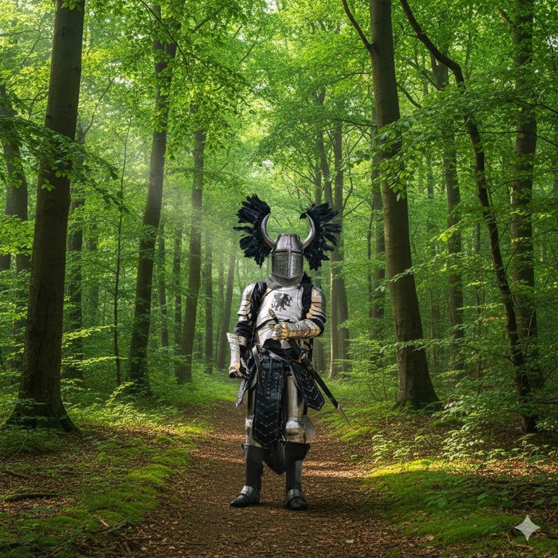 May include: A person in full knight armor stands on a path in a lush green forest. The armor is silver and black, with a helmet featuring large, decorative black wings. The knight holds a sword and is surrounded by tall trees.