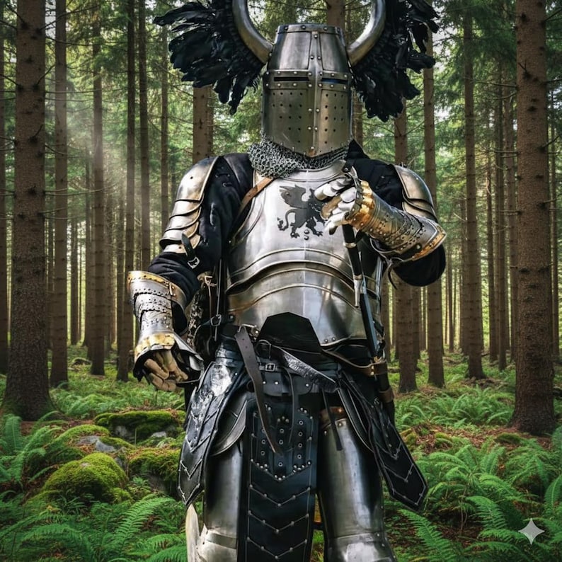 May include: A full suit of medieval armor, including a helmet with decorative black wings, stands in a forest. The silver-colored armor features intricate detailing and a black emblem on the chest. The background is a lush green forest with tall trees.