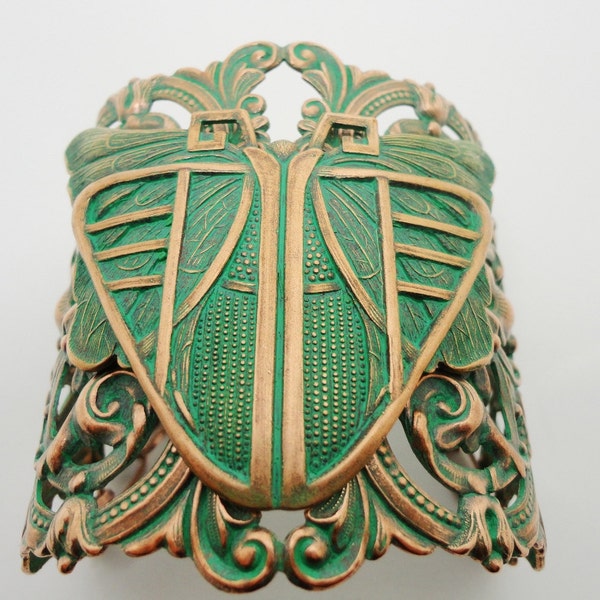 Art Deco or Nouveau Verdigris Over Rose Gold Copper Brass Mothra Brass Bracelet Cuff by Dr Brassy Steampunk