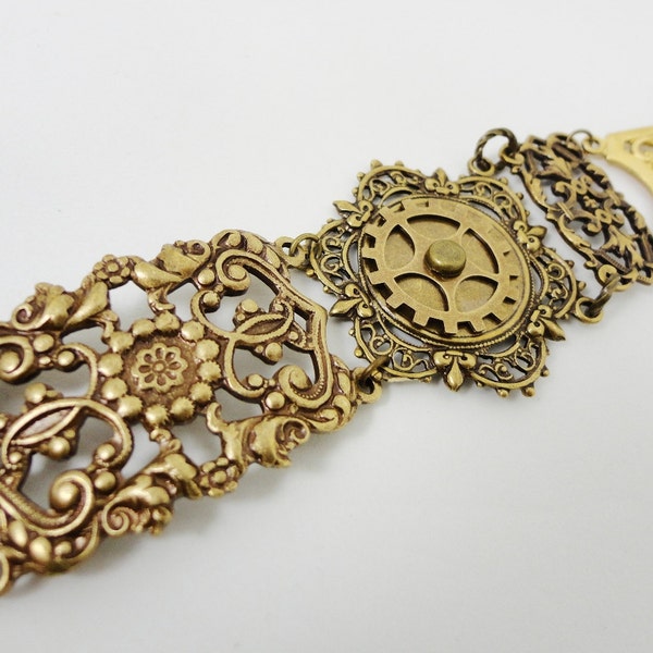 Steampunk Bracelet The Missing Link in Brass Filigree with Gears 8 inches by Dr Brassy Steampunk