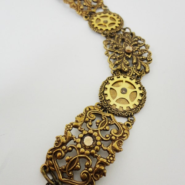 Steampunk Bracelet The Missing Link in Brass Filigree with Gears 6 3/4 inches by Dr Brassy Steampunk