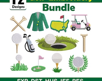 Paquete de diseños de bordado para máquinas de golf, mini pelota rellena, palo, carrito, toalla, descarga instantánea