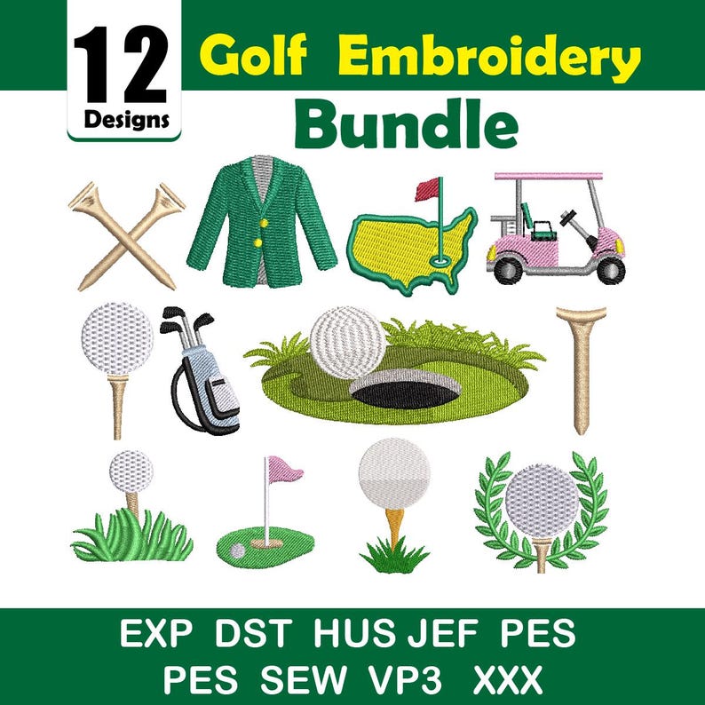 Paquete de diseños de bordado para máquinas de golf, mini pelota rellena, palo, carrito, toalla, descarga instantánea imagen 1