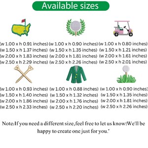 Puede incluir: Imagen con varios dise&ntilde;os de bordado con tem&aacute;tica de golf, incluyendo un carrito de golf, una pelota de golf con una corona de laurel y tees de golf. El texto "Available sizes" est&aacute; en la parte superior. Cada dise&ntilde;o tiene varias opciones de tama&ntilde;o en cm.