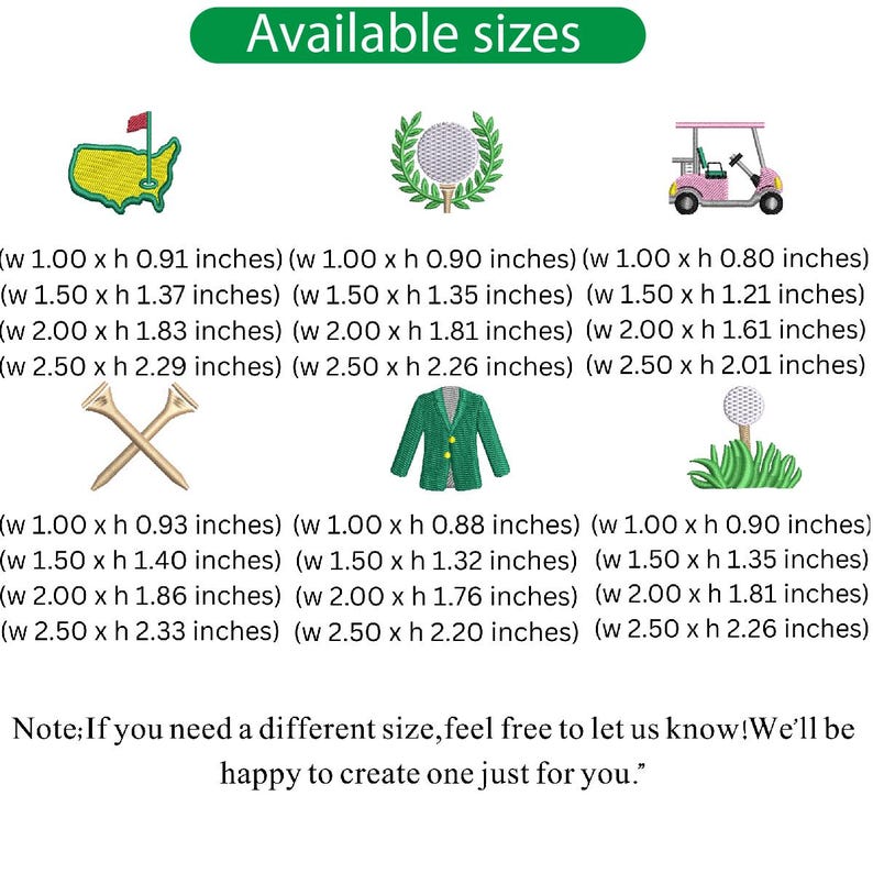Puede incluir: Imagen con varios dise&ntilde;os de bordado con tem&aacute;tica de golf, incluyendo un carrito de golf, una pelota de golf con una corona de laurel y tees de golf. El texto "Available sizes" est&aacute; en la parte superior. Cada dise&ntilde;o tiene varias opciones de tama&ntilde;o en cm.